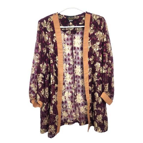 Vintage Tops - Vintage Kareli Sheer Gold Floral Print Kimono Open Cardigan